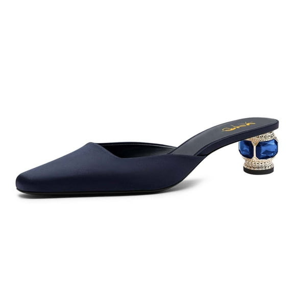 XYD Women Classy Crystal Chunky Low Heel Square Closed Toe Mules Slip On Slides Sandals Comfy Casual Shoes Size 11 Navy