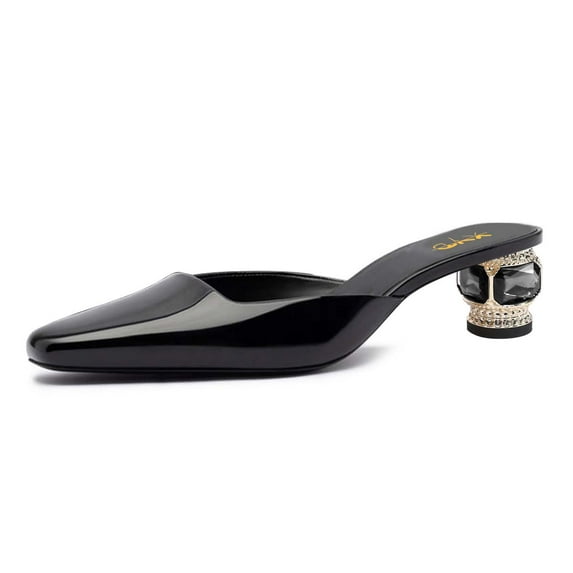 XYD Women Classy Crystal Chunky Low Heel Square Closed Toe Mules Slip On Slides Sandals Comfy Casual Shoes Size 15 Black