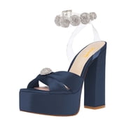 XYD Women Clear Ankle Strap Platform Heel Sandals Square Open Toe Block High Heel Rhinestones Bridal Evening Shoes Size 16 Blue