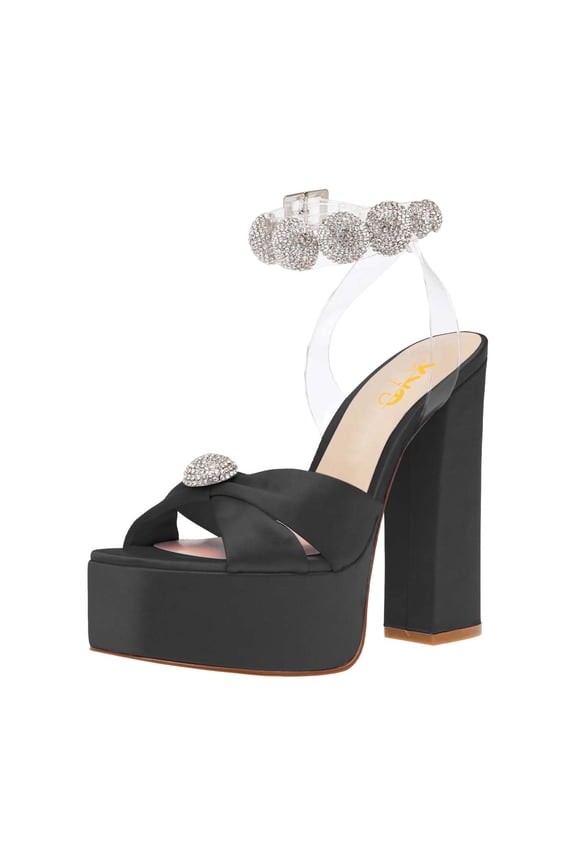 Women Clear Ankle Strap Platform Heel Sandals Square Open Toe Block High Heel Rhinestones Bridal Evening Shoes Size 4 Black