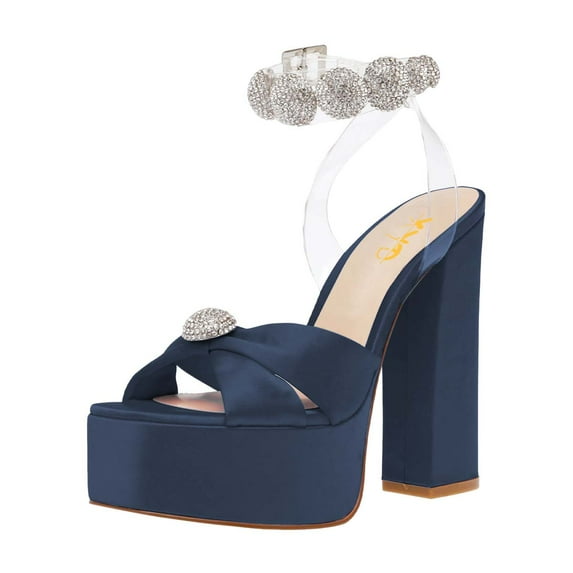 XYD Women Clear Ankle Strap Platform Heel Sandals Square Open Toe Block High Heel Rhinestones Bridal Evening Shoes Size 5.5 Blue