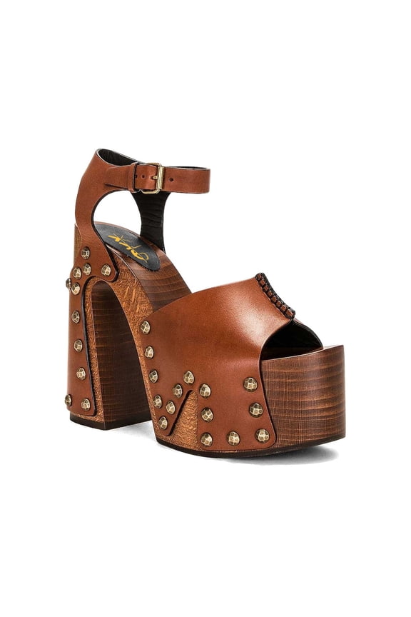 Women Clog Block Chunky Heel Sandals Platform Bronzed Studs Open Toe Ankle Strap Vintage Parties Shoes Size 7 Brown