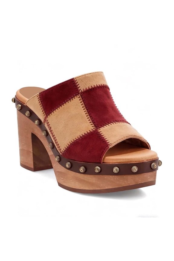 Women Clog Mules Open Toe Multicolor Patchwork Platform Block Heels Rivets Studs Slip-ons Retro Shoes Size 10 Red Camel