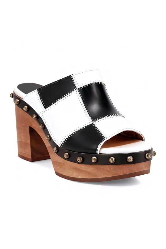 Women Clog Mules Open Toe Multicolor Patchwork Platform Block Heels Rivets Studs Slip-ons Retro Shoes Size 11 Black White