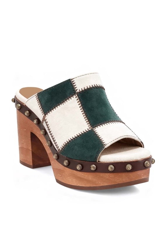 Women Clog Mules Open Toe Multicolor Patchwork Platform Block Heels Rivets Studs Slip-ons Retro Shoes Size 5 Green White