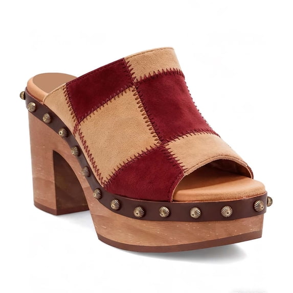 XYD Women Clog Mules Open Toe Multicolor Patchwork Platform Block Heels Rivets Studs Slip-ons Retro Shoes Size 6.5 Red Camel