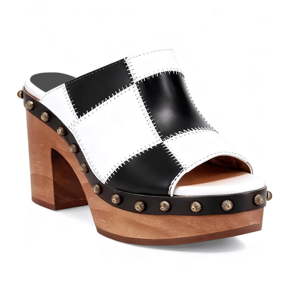 XYD Women Clog Mules Open Toe Multicolor Patchwork Platform Block Heels Rivets Studs Slip-ons Retro Shoes Size 8 Black White