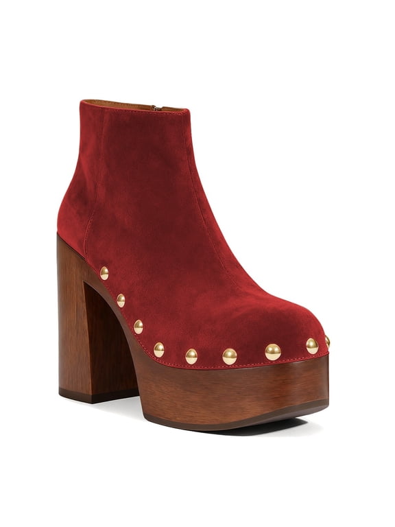 Women Clog Platform Studded Ankle Boots Block Heels Round Toe Side Zip Booties Night-out Party Shoes Size 4 Red