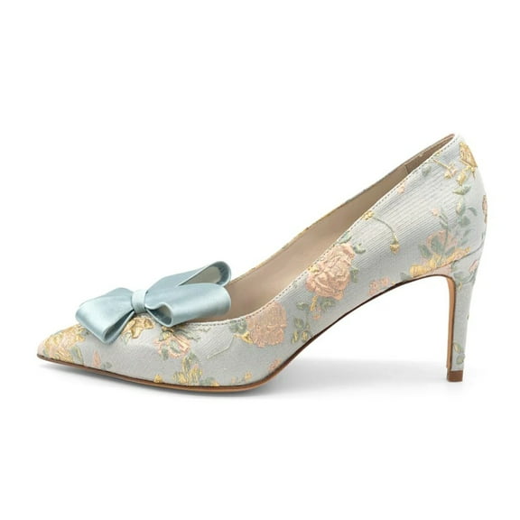 XYD Women Closed Pointed Toe Bowknot Pumps Slip on Mid Thin Heels Brides Elegant Wedding Party Shoes Size 7 Flower Embroidery