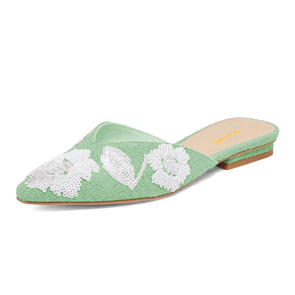 XYD Women Closed Pointed Toe Slip on Mules Elegant Flower Embroidery Flats Dressy Party Daily Shoes 12 Green