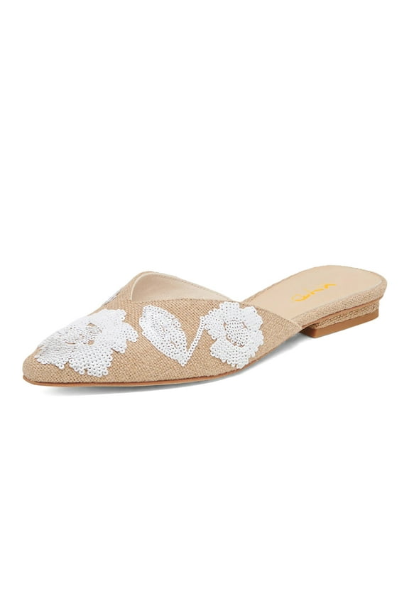 Women Closed Pointed Toe Slip on Mules Elegant Flower Embroidery Flats Dressy Party Daily Shoes 13.5 Nude