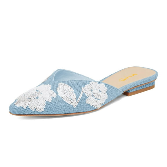 XYD Women Closed Pointed Toe Slip on Mules Elegant Flower Embroidery Flats Dressy Party Daily Shoes 8 Blue