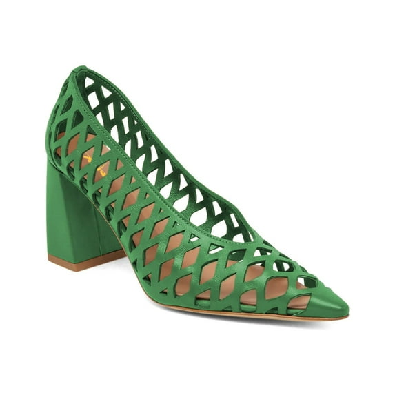XYD Women Closed Pointed Toe Woven Pumps Slip on Chunky Heels Breathable Cutouts Dress Office Shoes Size 7 Green