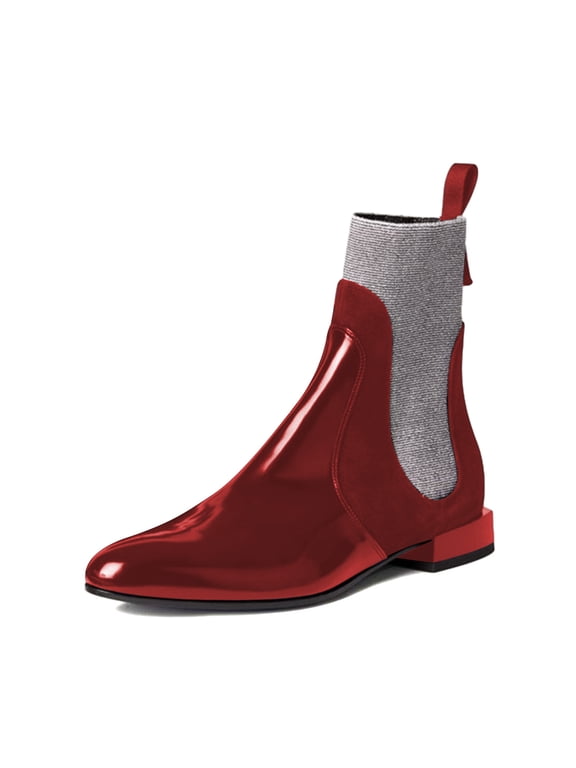 Women Closed Round Toe Chunky Low Heel Chelsea Ankle Boots Slip-on Elastic Booties Daily Comfy Shoes Size 4 Red