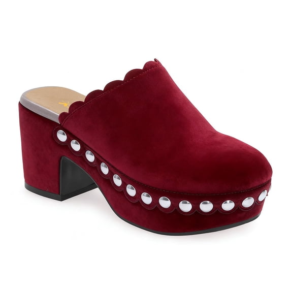 XYD Women Closed Rounded Toe Slip-on Mules Mid Chunky Heel Stylish Studs Scalloped Edge Platform Casual Dress Shoes Size 11.5 Dark Red