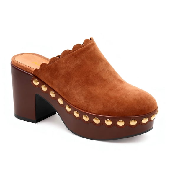 XYD Women Closed Rounded Toe Slip-on Mules Mid Chunky Heel Stylish Studs Scalloped Edge Platform Casual Dress Shoes Size 16 Brown
