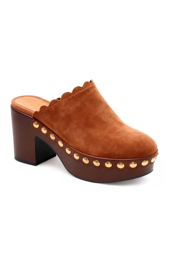 Women Closed Rounded Toe Slip-on Mules Mid Chunky Heel Stylish Studs Scalloped Edge Platform Casual Dress Shoes Size 16 Brown