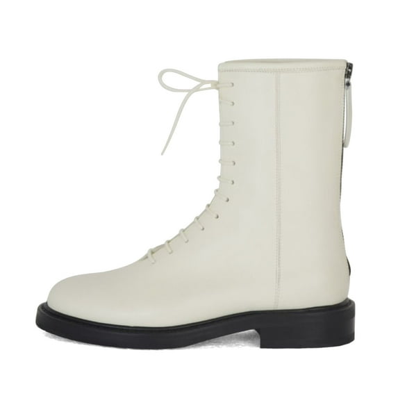 XYD Women Combat Round Toe Boots Lug Sole Low Heel Front Lace Up Zipper Flat Ankle Booties Fashion Walking Shoes Size 12 White