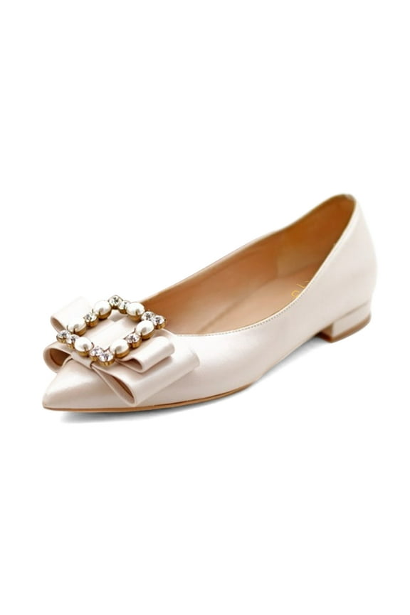 Women Comfort Bowknot Pearls Buckle Flats Pointed Closed Toe Chunky Low Heel Slip On Loafers Shoes Size 10 Nude