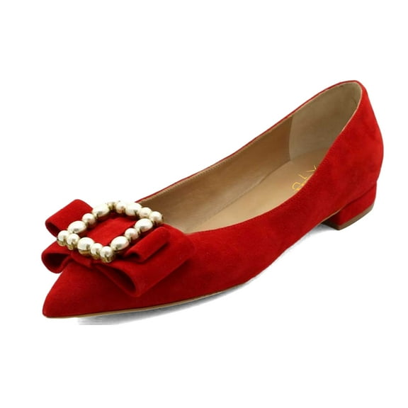 XYD Women Comfort Bowknot Pearls Buckle Flats Pointed Closed Toe Chunky Low Heel Slip On Loafers Shoes Size 12 Red