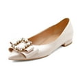 thumbnail image 1 of XYD Women Comfort Bowknot Pearls Buckle Flats Pointed Closed Toe Chunky Low Heel Slip On Loafers Shoes Size 7 Nude, 1 of 4