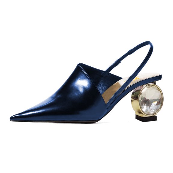 XYD Women Comfort Edgy Pointed Toe Slip On Pumps Slingback Strap Diamond Block Heel Sandals Party Fashion Shoes Size 11.5 Navy