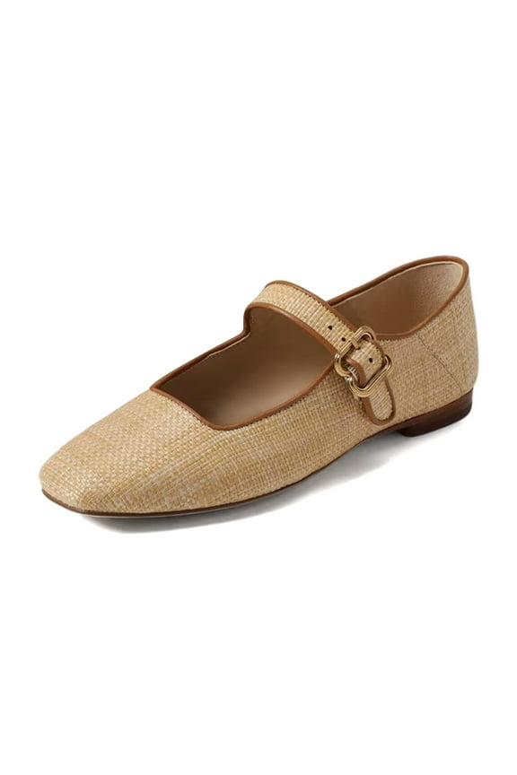 Women Comfy Square Toe Mary Jane Flats Single Strap Buckled Daily Casual Shoes Size 16 Beige Raffia Woven