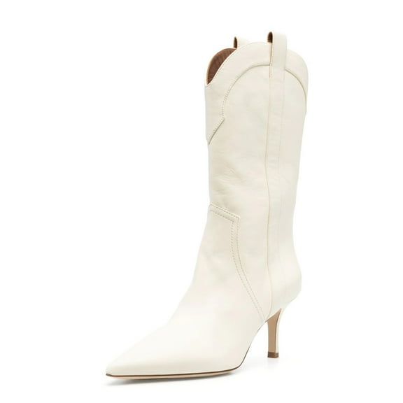 XYD Women Cowgirl Western Pointy Close Toe Mid Calf Boots Low Thin Heel Pull On Rural Wedding Party Bootie Shoes Size 4 White