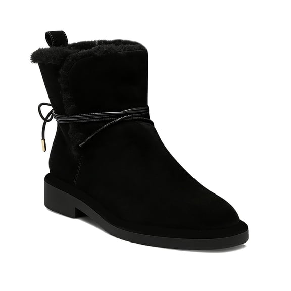 XYD Women Cozy Fur Trim Ankle Boots Round Toe Low Block Heels Strappy Comfortable Warm Winter Cod Day Booties Shoes Size 15 Black