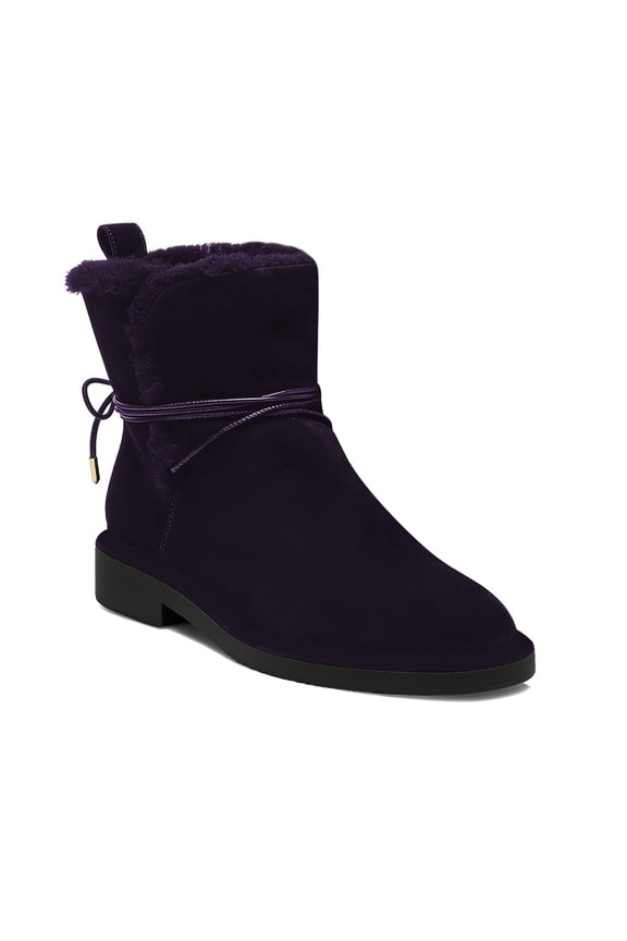 Women Cozy Fur Trim Ankle Boots Round Toe Low Block Heels Strappy Comfortable Warm Winter Cod Day Booties Shoes Size 4 Purple