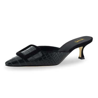 XYD Women Leather Heeled Mules Pointed Closed Toe Buckle Kitten Heel Slip On Slides Sandals Shoes Size 7 Black