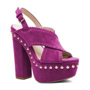 XYD Women Crossover Toe-band Gold Studs Slingback Strap Block Sandals Open Toe Platform High Heels Fashion Club Shoes Size 4 Purple