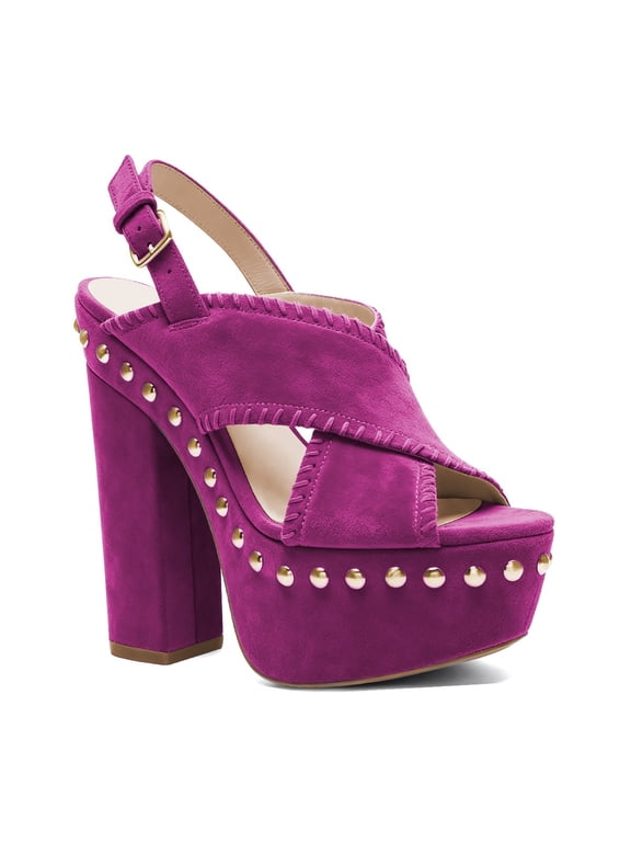 Women Crossover Toe-band Gold Studs Slingback Strap Block Sandals Open Toe Platform High Heels Fashion Club Shoes Size 4 Purple