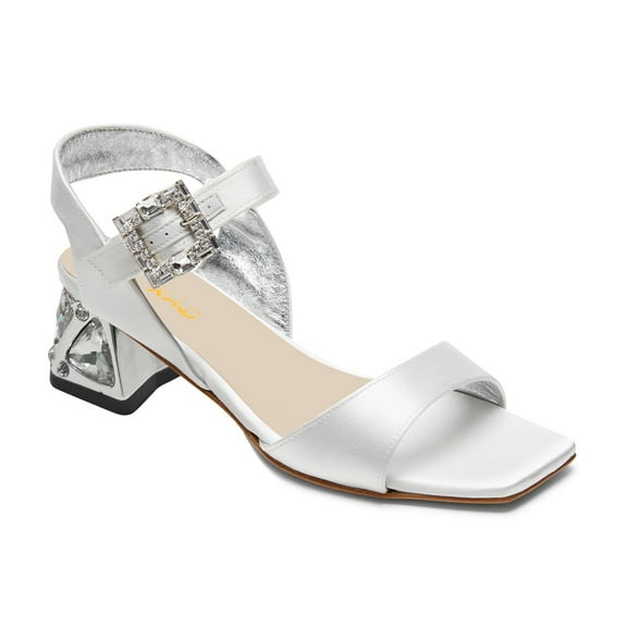 XYD Women Crystal Buckled Ankle Strap Sandals Strappy Open Toe Low Block Heels Charming Prom Dressy Shoes Size 13.5 White