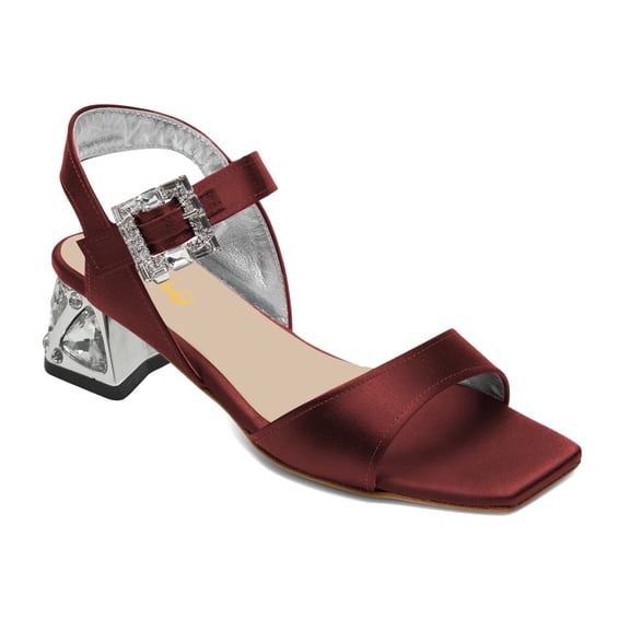 XYD Women Crystal Buckled Ankle Strap Sandals Strappy Open Toe Low Block Heels Charming Prom Dressy Shoes Size 8 Wine Red