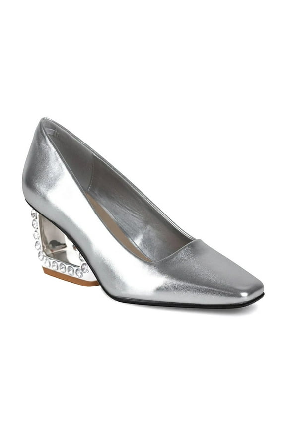 Women Crystal Embedded Heels Slip on Pumps Square Toe Metal Chunky Heeled Themed Party Formal Shoes Size 10 Silver