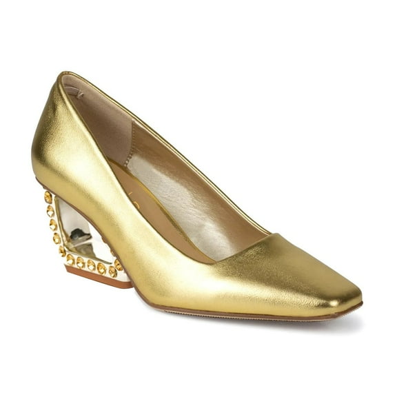 XYD Women Crystal Embedded Heels Slip on Pumps Square Toe Metal Chunky Heeled Themed Party Formal Shoes Size 16 Gold