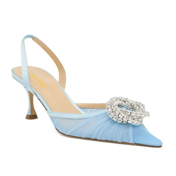XYD Women Crystal Pointed Toe Slingback Pumps Gauze Mesh Low Heel Shoes Gorgeous Prom Wedding Sandals Size 11 Blue