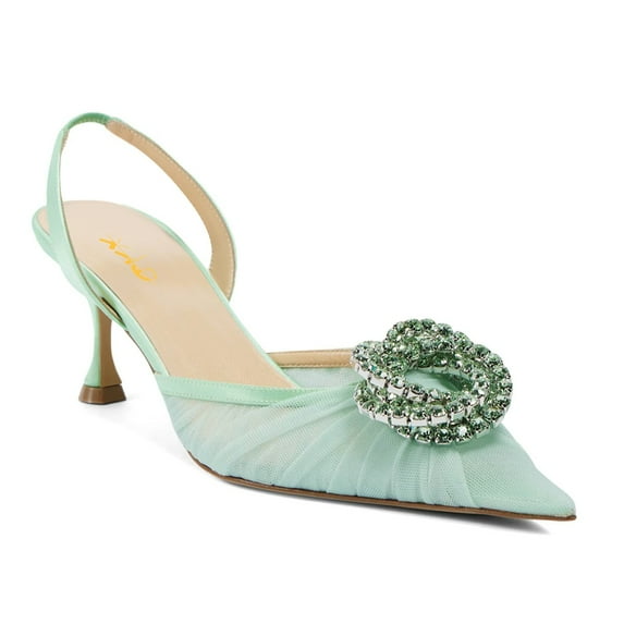 XYD Women Crystal Pointed Toe Slingback Pumps Gauze Mesh Low Heel Shoes Gorgeous Prom Wedding Sandals Size 5.5 Green