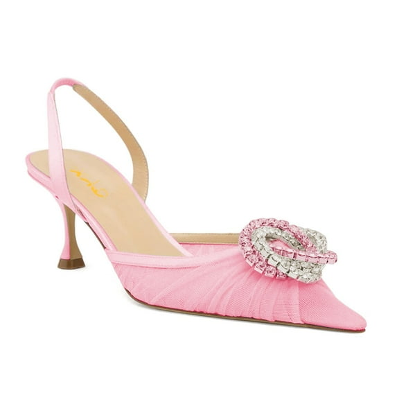 XYD Women Crystal Pointed Toe Slingback Pumps Gauze Mesh Low Heel Shoes Gorgeous Prom Wedding Sandals Size 6 Pink