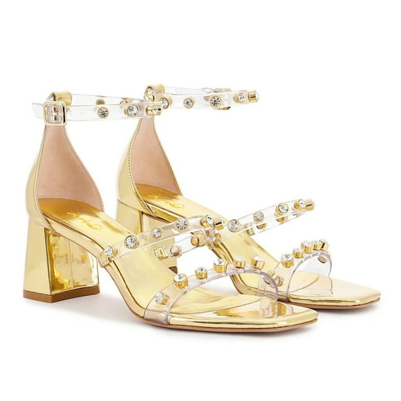 XYD Women Crystal Studs Transparent Strap Sandals Open Toe Ankle Strap Mid Chunky Heels Fashion Party Prom Shoes Size 15 Gold