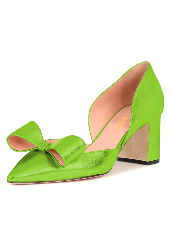 Women Cute Bows Chunky Block Low Heel Pumps Pointed Closed Toe D'Orsay Slip On Office Lady Dress Shoes Size 10 Green