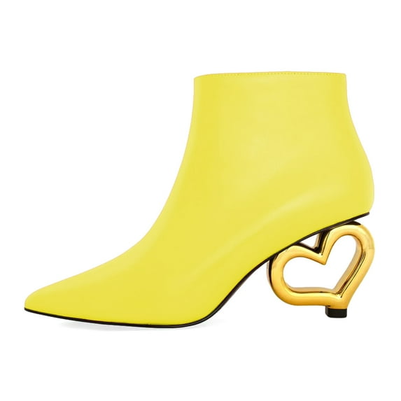 XYD Women Cute Heart Shaped Heel Ankle Boots Pointed Closed Toe Side Zipper Short Booties Fashion Party Casual Shoes Size 12 Yellow