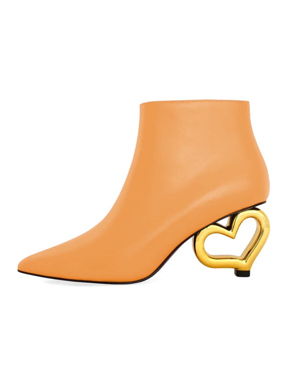 Women Cute Heart Shaped Heel Ankle Boots Pointed Closed Toe Side Zipper Short Booties Fashion Party Casual Shoes Size 5 Orange