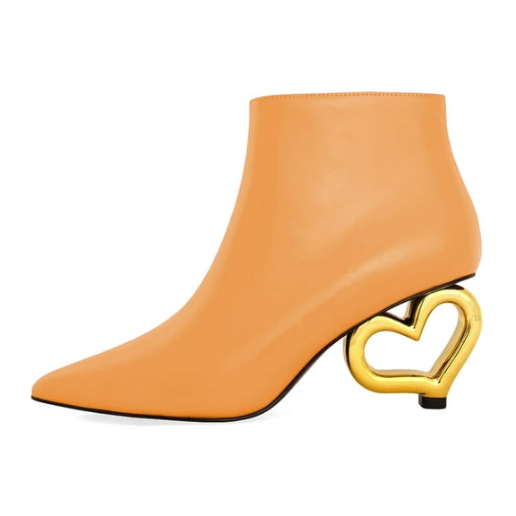 XYD Women Cute Heart Shaped Heel Ankle Boots Pointed Closed Toe Side Zipper Short Booties Fashion Party Casual Shoes Size 8.5 Orange