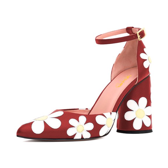 XYD Women D'Orsay Flower Pumps Fashion Cylindrical Block High Heels Pointed Toe Ankle Strap Dress Prom Pumps Shoes Size 11 Red