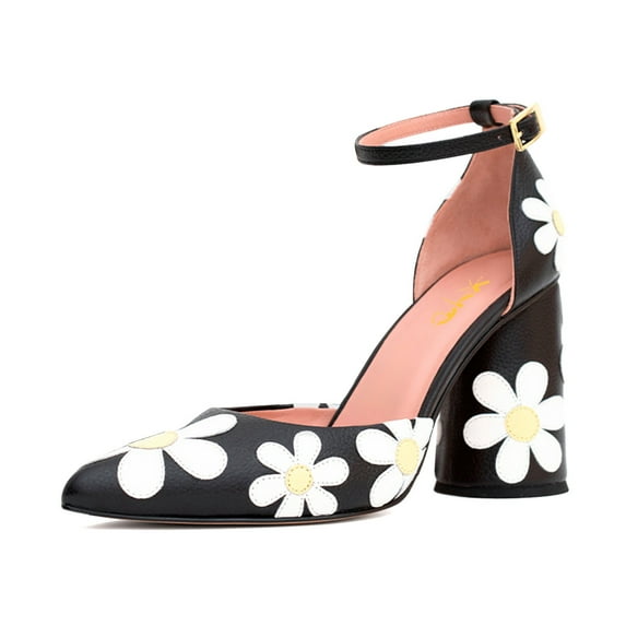 XYD Women D'Orsay Flower Pumps Fashion Cylindrical Block High Heels Pointed Toe Ankle Strap Dress Prom Pumps Shoes Size 6 Black