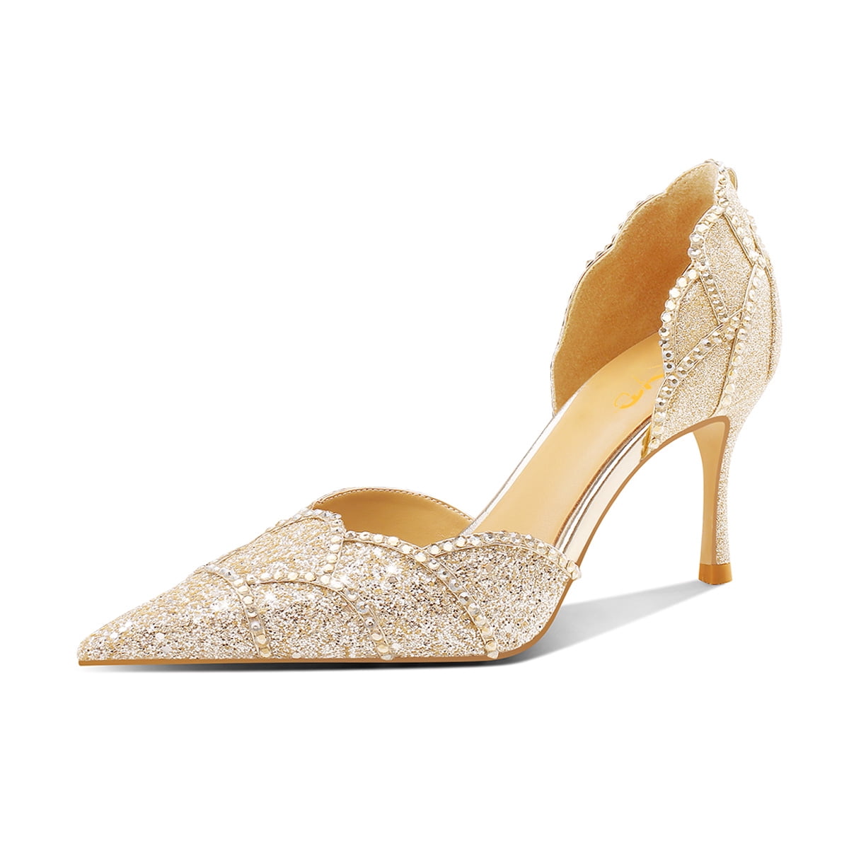 XYD Women Elegant Crystal Studs Wedding Pointed Toe Pumps Petal Waved Mid  Heels D'Orsay Bridal Shoes Size 12.5 Gold Glitter - Walmart.com, image size:1200x1200