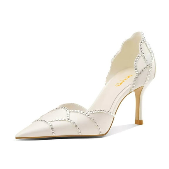 XYD Women Elegant Crystal Studs Wedding Pointed Toe Pumps Petal Waved Mid Heels D'Orsay Bridal Shoes Size 7 White Satin