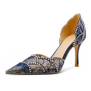 XYD Women Elegant Crystal Studs Wedding Pointed Toe Pumps Petal Waved Mid Heels D'Orsay Bridal Shoes Size 8.5 Navy Lace
